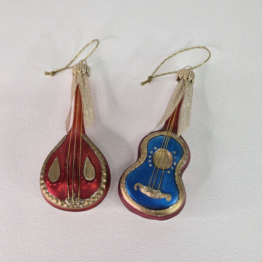 VTG Mercury Glass Handβ Painted Mandolin Music Instruments Guitars Red Blue MCM